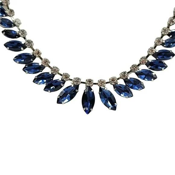 Clear Blue Glass Rhinestone Retro Style Silver Tone Choker Necklace BLING - Picture 2 of 6